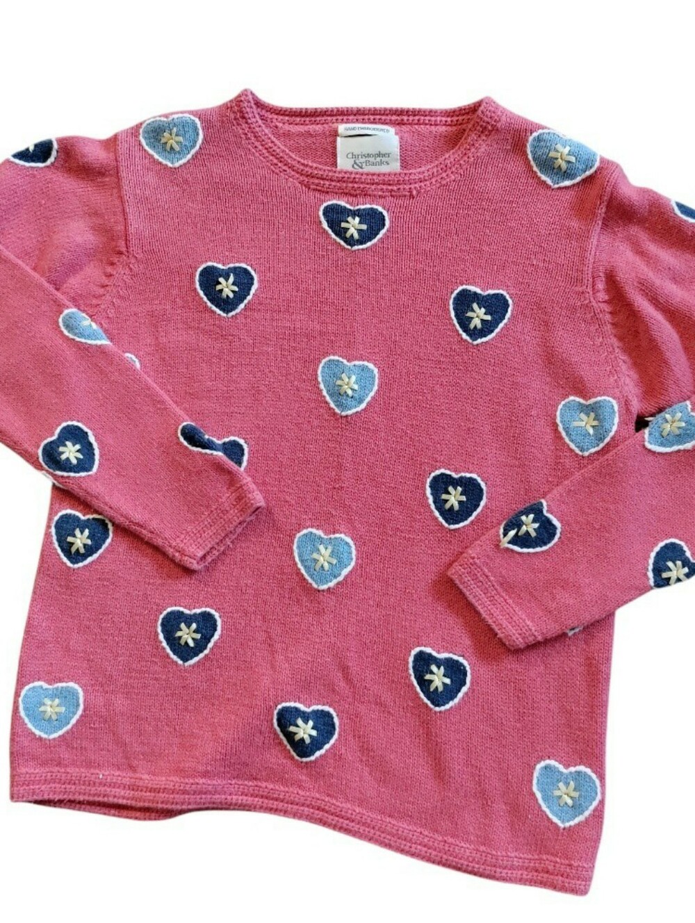 Vintage Christopher & Banks Hand Embroidered Heart Knit Sweater Pullover Cottage